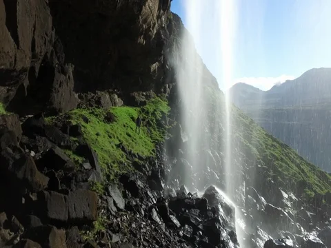 Faroe Islands, exploring Fossá, the highest waterfall on the Islands Stock Footage 83294319