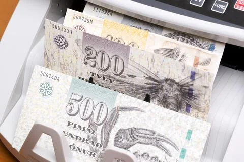 Faroese crown in the counting machine Stock Photos