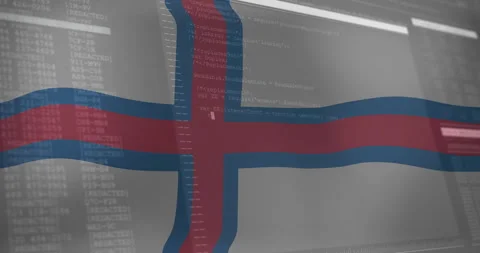 Faroese flag waving with scrolling code reflection appearing behind to reveal Stock Footage 312656391