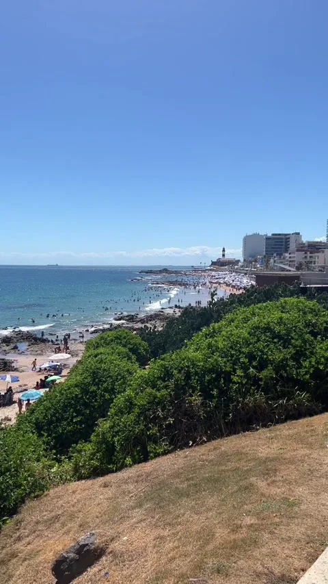 Farol da Barra Lighthouse and Crowded Beach View in Salvador Bahia Brazil Видео 343440920