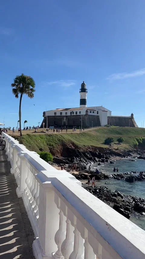 Farol da Barra Lighthouse and Fort Scenic View in Salvador Bahia Brazil Видео 343440956