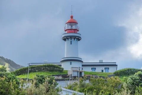 Farol Da Ponta Do Topo Lighthouse distant view in Sao Jorge Azores Portugal Stock Photos