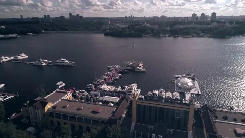 Fascinating aerial view of the harbor with moored boats and yachts. wide angle Stock Footage 201390412