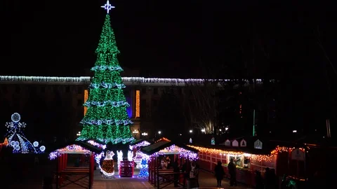 Fascinating New Year tree decoration shining bright with colorful night lights Stock Footage 100199184