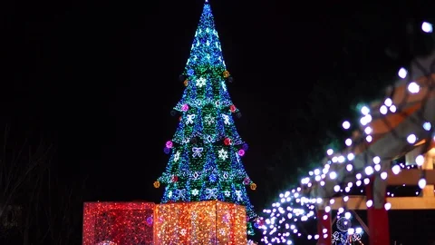 Fascinating night lights sparkling bright on big New Year tree on Christmas fair Stock Footage 100142264