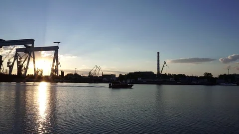 Fascinating steady panoramic view on small ship sailing in river with Stock Footage 92868715