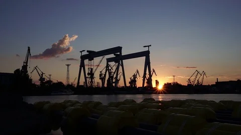 Fascinating steady view on shipbuilding manufacturing facility cranes factory Stock Footage 95405264