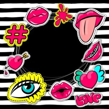 Fashion 90 comic text set women patch pins Stock Illustration