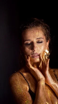 Woman Golden Skin, Fashion Model Painted Gold Body Art, Beauty