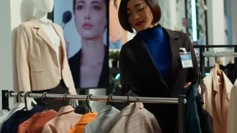 Fashion boutique worker sorting all two piece sets on hangers in the store Stock Footage 319544962