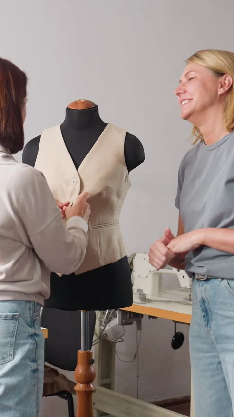 Fashion design process, Sewing studio garment fitting, Apprentice personalizes Video stock 330805158