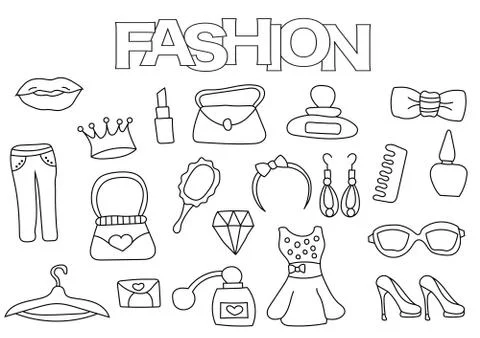 Fashion elements hand drawn set. Coloring book template.  Outline doodle Illustrazione stock
