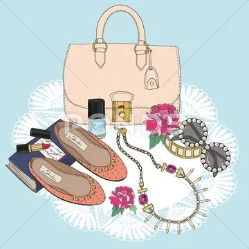 Fashion essentials. background with bag, sunglasses, shoes, jewelery, makeup Stock Illustration