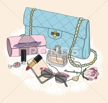 Fashion essentials. background with bag, sunglasses, shoes, jewelery, perfume Stock Illustration