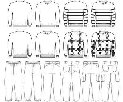 Fashion flat line vector pack of men outfits. Includes sweaters with differen Illustrazione stock