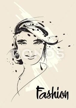 Fashion girls face. Woman face. Hand-drawn fashion model. Girl face in a fash Stock Illustration