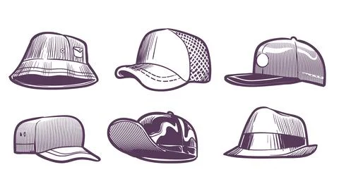 Fashion hats sketch. Headdress design for men. Baseball caps with visors and Stock Illustration