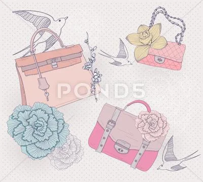 Fashion illustration. background with fashionable bags, flowers and birds. in Stock Illustration