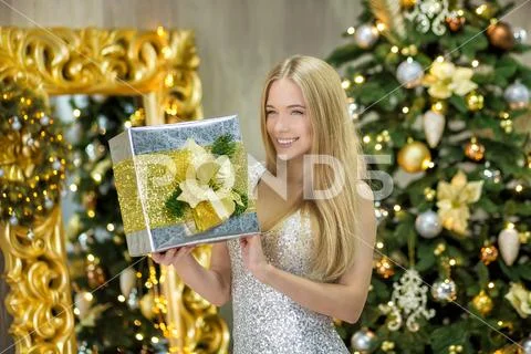 Fashion interior photo of beautiful gorgeous woman lady with blond hair in Stock Photos