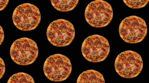 Fashion loop animation or background of many pizzas on a black background Stock Footage 223930490
