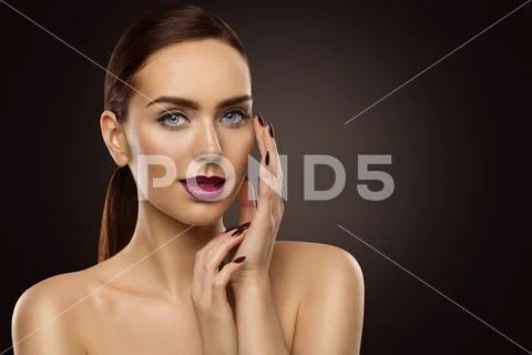 Fashion Model Beauty Portrait, Beautiful Makeup Lips Nails, Face Skin Care Stock Photos
