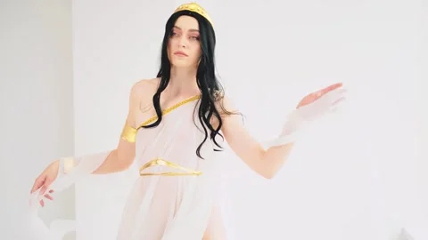 Fashion model posing dancing silk fabric in hand, sexy eyes perfect skin beauty Stock Footage 314902612