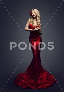 Fashion Model Red Dress, Stylish Woman Elegant Beauty Gown, Evening Clothes Stock Photos