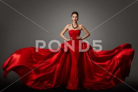 Fashion Model Red Dress, Woman Long Fluttering Waving Gown, Beauty Portrait Stock Photos