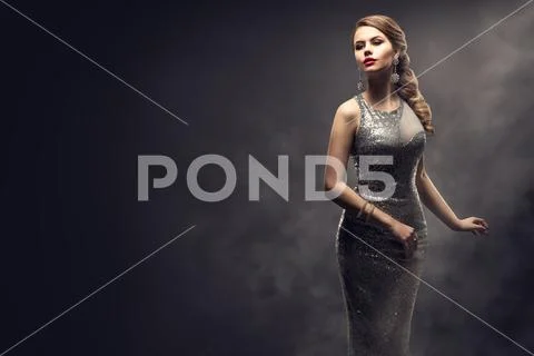 Fashion Model Silver Dress, Elegant Woman in Sparkling Gown, Beauty Portrait Stock Photos