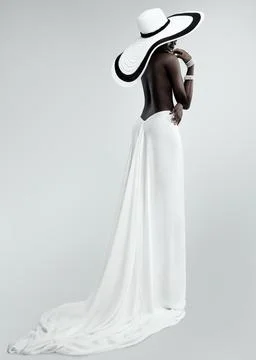 Fashion Model in White Open Back Dress. Elegant Lady in Big Hat Wedding Gown Stock Photos