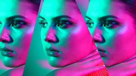 Fashion model woman in colorful bright lights. Beautiful sexy girl Stock Footage