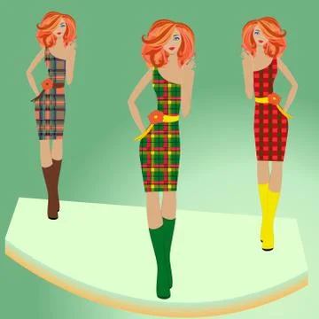 Fashion models posing on podium in different checkered dresses Stock Illustration