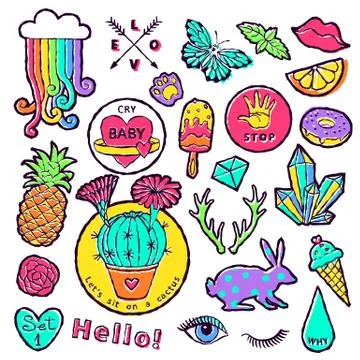 Fashion patch badge elements in cartoon 80s-90s comic style. Set modern trend イラスト素材