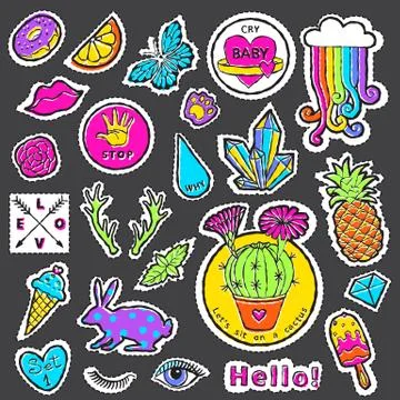 Fashion patch badge elements in cartoon 80s-90s comic style. Set modern trend Stock Illustration