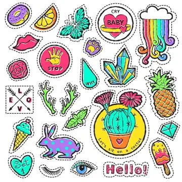 Fashion patch badge elements in cartoon 80s-90s comic style. Set modern trend Stock Illustration