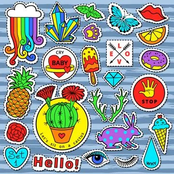 Fashion patch badge elements in cartoon 80s-90s comic style. Set modern trend Stock Illustration