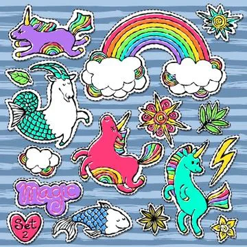 Fashion patch badge elements in cartoon 80s-90s comic style. Set modern trend Stock Illustration