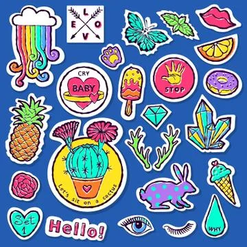 Fashion patch badge elements in cartoon 80s-90s comic style. Set modern trend Stock Illustration