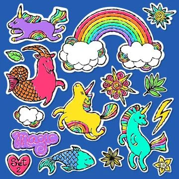 Fashion patch badge elements in cartoon 80s-90s comic style. Set modern trend Stock Illustration