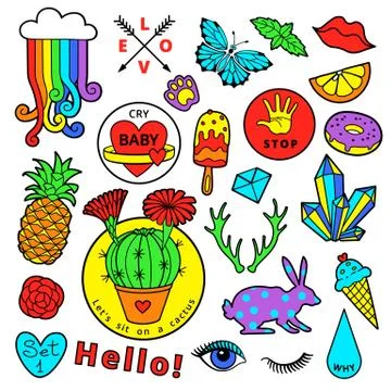 Fashion patch badge elements in cartoon 80s-90s comic style. Set modern trend Stock Illustration