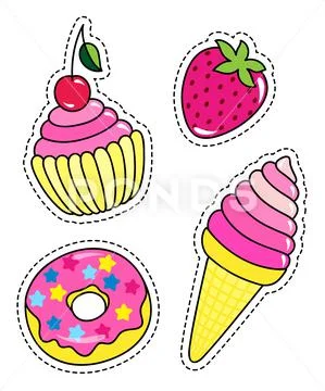 Fashion patch badges with cupcake, donut, ice cream and strawberry. Set of:  Royalty Free #145399414