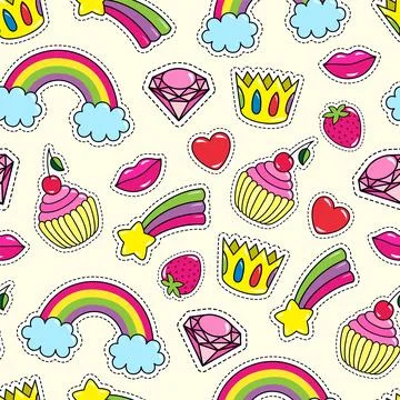 Fashion patch badges with different elements. Set of stickers, pins, patches in Stock Illustration