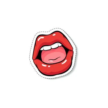 Fashion patch a red lips of open mouth, cartoon vector illustration isolated. Illustrazione stock
