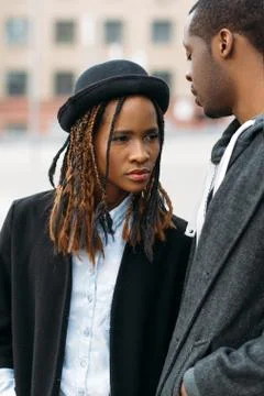 Fashion pedestrian couple. African American youth Stock Photos