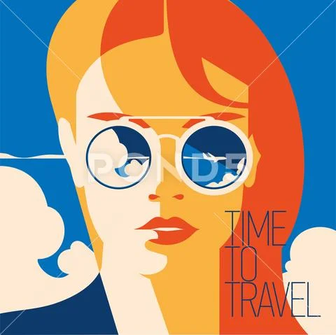 Fashion portrait of a model girl with sunglasses. Time to Travel and Summer Stock Illustration