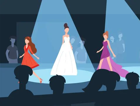 Fashion runway with models walking the catwalk, flat vector illustration. Ilustração Stock
