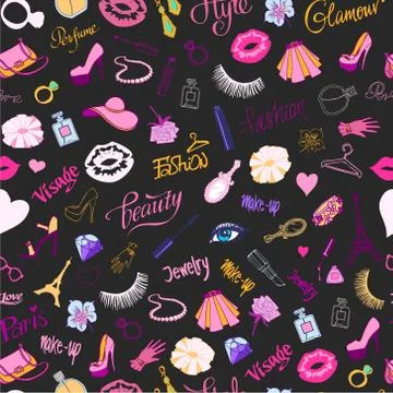Fashion seamless vector pattern on black background. Illustration of lipsticks Stock Illustration