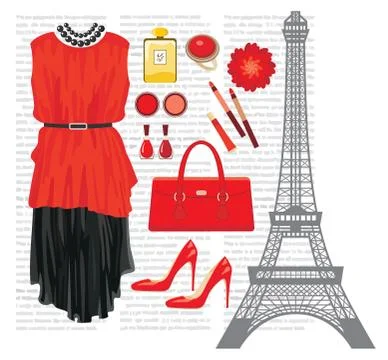 Fashion set with the eiffel tower Illustrazione stock