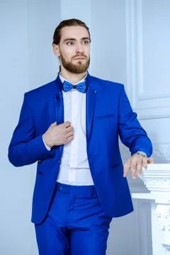 Fashion shot. Handsome young man posing in elegant blue suit in luxurious apa Stock Photos