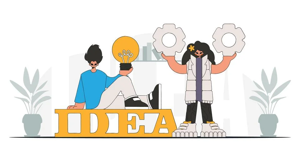 The fashion team solves problems and generates ideas. Light bulb and gears .. イラスト素材
